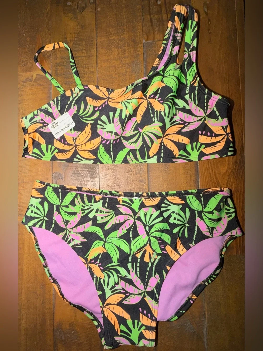 Target Girls' Black Tropical Leaf Two-Piece Bikini with Green, Orange & Pink